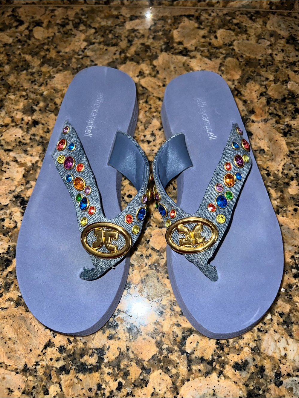 Jeffrey Campbell Denim Jeweled Flip Flop Sandals with Gold Accent